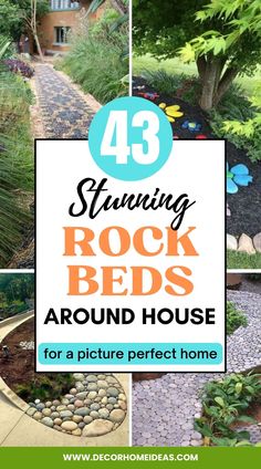 rock beds around house ideas and designs Landscape Bank Ideas, River Rock Border Landscaping, Dry Rock Riverbed Landscaping, Rock Scaping Ideas, Pebble Border Garden, Rock Bed Decor, Diy Rock Garden Ideas Landscaping, Using Big Rocks In Landscaping, Rock Landscaping Ideas Front Yard Drought Tolerant Dry Creek Bed