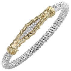 This gorgeous bracelet is from the Essentials collection by Alwand Vahan. Its quality and craftsmanship comes with every piece. It all starts with crisp sterling silver and rich 14k yellow gold. Then comes the placing of the dazzling diamond front and center. This bracelet can definitely hold its own or stack with others from your collection. Either way, this is a Stunning Bracelet just waiting to be yours. Vahan Bracelets, Vahan Jewelry, Gold Crowns, Silver Diamond Bracelet, Luxury Jewelry Brands, Diamond Bangle, Gorgeous Bracelet, Sterling Silver Bands, Jewelry For Women