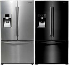 three stainless steel refrigerators side by side with water dispenser and ice maker