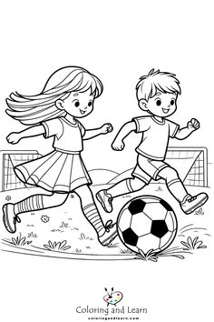 two children playing soccer coloring pages for kids to print out and color on the page