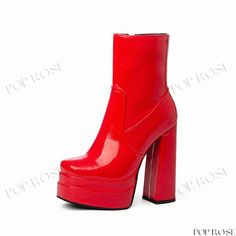 Dual-layer Water Platform Square-Toed Side Zipper Short Boots with High Chunky Heels Red High Heel Platform Boots For Winter, Red High Heel Platform Boots For Fall, Red Boots With Zipper Closure For Fall, Chic Red Platform Boots For Fall, Red Ankle-high Platform Boots For Parties, Red High Ankle Platform Boots For Party, Spring High Heel Platform Boots With Zipper, Red High Heel Platform Boots For Party, Red Ankle Boots With Zipper Closure