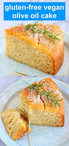 two pictures of a piece of cake with powdered sugar on top and the bottom