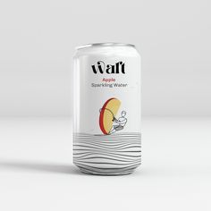 a can of smart sparkling water on a white surface with an apple slice in the middle