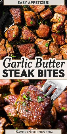 garlic butter steak bites in a skillet with text overlay