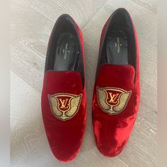 Red Velvet Lv Loafers In A Good Condition Luxury Red Loafers With Round Toe, Red Luxury Loafers With Round Toe, Luxury Red Almond Toe Loafers, Designer Red Loafers With Round Toe, Lv Loafers, Louis Vuitton Shoes, Slip Ons, Loafer Shoes, Red Velvet