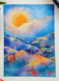 a watercolor painting of mountains and trees with the sun in the background