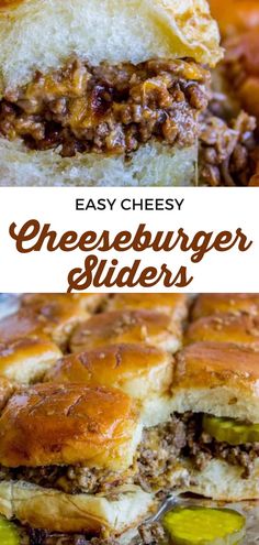 cheeseburger sliders with pickles on top and the title overlay reads easy cheesy cheeseburger sliders