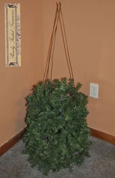 a potted plant sitting on the floor next to a wall with a sign hanging from it