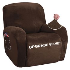 a brown recliner chair with the words upgrade velvet on it's arm and feet