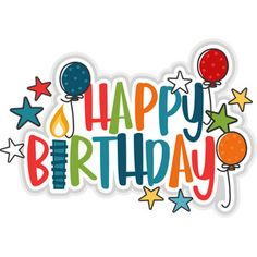 the words happy birthday are surrounded by balloons and stars in multicolored letters on a white background