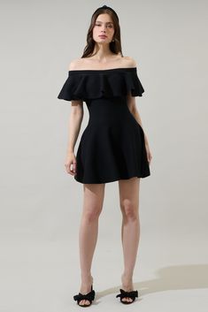 Get that cute feeling every time you wear the Dennet Off the Shoulder Flare Mini Dress. Thick stretchy fabric shapes this mini dress with a flare. An off the shoulder look and mini length are perfect to pair with heels for a night out. - Off the shoulder- Ruffle- Flare- Mini- Comes in 2 colorsSize + Fit - Model is 5'10" and wearing size XS- Measurements taken from size S - Chest: 14 1/4"- Length: 26 1/4" Fabric Self: 70% Viscose 30% Polyester Style Number STD14441 Off-shoulder Fit And Flare Party Dress, Fit And Flare Off-shoulder Party Dress, Chic Cold Shoulder Mini Dress For Evening, Stretch Off Shoulder Dress For Night Out, Chic Cold Shoulder Off Shoulder Cocktail Dress, Chic Off-shoulder Cold Shoulder Cocktail Dress, Chic Cold Shoulder Fitted Mini Dress, Stretch A-line Mini Dress For Date Night, Stretch Ruffled Mini Dress