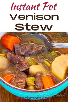 the instant pot venison stew in a blue bowl with a spoon