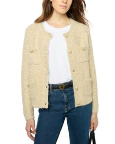 Gerard Darel Janelly Knit Jacket Chic Textured Knit Wool Outerwear, Chic Knitted Outerwear For Work, Chic Beige Knitted Outerwear, Elegant Cream Textured Knit Outerwear, Chic Cream Knitted Outerwear, Cream Textured Knit Outerwear For Fall, Beige Textured Knit Wool Outerwear, Casual Cream Tweed Jacket For Winter, Casual Cream Tweed Jacket For Fall