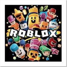 the roblox logo is surrounded by many different cartoon characters and colors on black background