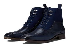 Stacy Adams Malone Wing Tip Lace-Up Boot - Men's Shoes : Navy : Featuring eye-catching perforations and serrations on the upper and incorporated with a cushioned footbed, the Stacy Adams Malone Wing Tip Lace-Up Boots speak of classic elegance and uplifted comfort. Leather and suede upper. Leather lining. Leather-covered footbed with memory foam cushioning for exceptional comfort. Classic lace-up construction with metal eyelets. Pull loop for easy on and off. Wingtip pointed toe cap. Stacked heel Navy Boots, Classic Elegance, Leather Cover, Stacked Heel, 8 M, Lace Up Boots, Boots Men, Combat Boots, Memory Foam