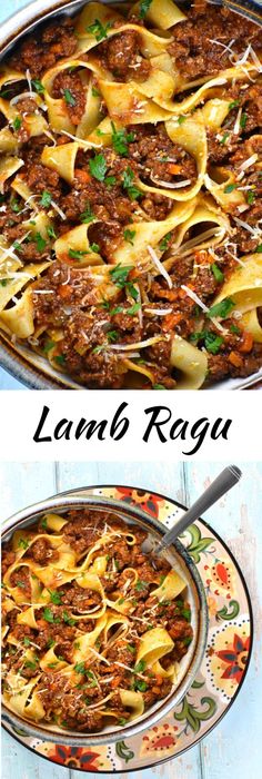 two pictures showing different types of food in the same pan and one with pasta on it