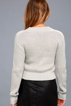 Grab the marshmallows for roasting and get comfy in the Lulus Campfire Cozy Light Grey Cropped Sweater! This medium-weight knit top has a round neckline, long sleeves, and a wide-cut, slightly cropped bodice. Ribbed detailing on cuffs, neckline, and hem. Fit: This garment fits true to size. Length:  Size small measures 21" from shoulder to hem. Bust: Great for any cup size. Waist: Loosely Fitted. Undergarments: May be worn with any standard bra. Fabric: Fabric is very stretchy. Unlined. 100% Acr Cozy Textured Knit Cropped Sweater With Crew Neck, Cozy Textured Knit Cropped Sweater, Cozy Textured Knit Crew Neck Cropped Sweater, Textured Knit Cropped Sweater For Layering, Layering Textured Knit Cropped Sweater, Cozy Cropped Crew Neck Sweater For Layering, Cozy Crew Neck Cropped Sweater For Fall, Cozy Cropped Long Sleeve Sweater, Fall Cropped Sweater With Textured Knit And Crew Neck