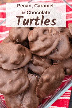 chocolate turtle truffles on a red and white checkered tablecloth with text overlay