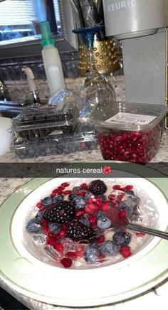 two pictures of berries and blueberries in a bowl on the kitchen counter, one is half eaten