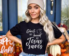 Embrace Halloween with faith and humor in our Ghosts may hunt but Jesus saves t-shirt. This Christian Halloween shirt for women is a fun and festive way to express your beliefs. With fall-inspired graphics, it's perfect for believers who want a faith-based twist on the season. Get ready for Halloween with style and a smile! PRODUCT DETAILS This classic unisex jersey short sleeve tee fits like a well-loved favorite. Soft cotton and quality print make users fall in love with it over and over again Christian Halloween, Jesus Tshirts, Jesus Saves, Faith Based, Autumn Inspiration, Halloween Shirt, Jersey Shorts, Happy Holidays, Graphic Tee