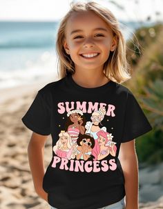 Let your little one rule the summer in style with our Enchanted Summer Princess Tee! This magical t-shirt features a sparkling crown and whimsical fairy tale design, perfect for your mini royalty. Crafted from soft, breathable cotton, it's ideal for keeping cool during all her summer adventures. Whether she's off to a playdate or exploring her kingdom in the backyard, this tee will make her feel like a true princess. Available in a variety of vibrant colors and sizes. Make her summer enchanting with the Enchanted Summer Princess Tee! Summer Character Print Top, Character Print Tops For Birthday In Summer, Summer Disney T-shirt With Letter Print, Disney Letter Print T-shirt For Summer, Disney Summer T-shirt With Letter Print, Disney Crew Neck T-shirt For Summer, Pink Disney Tops For Summer, Disney Cartoon Print Tops For Summer, Disney Summer Tops With Cartoon Print