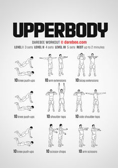 the upper body workout poster is shown in black and white