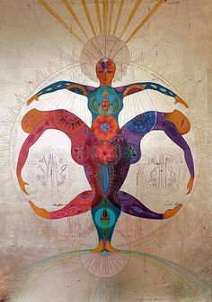 an artistic painting with multiple colors and symbols in the shape of a man's body