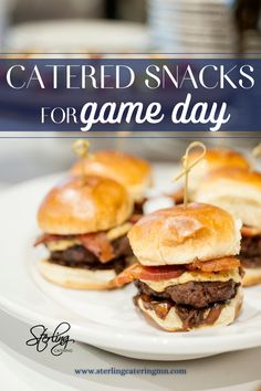 some sandwiches are sitting on a plate with the words, catering snacks for game day