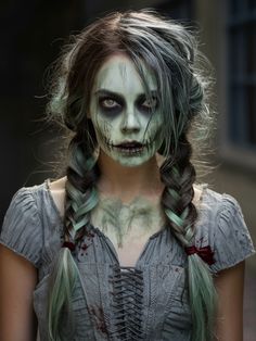 Add a touch of the undead to your Halloween with Zombie Braids. This hairstyle features messy, tousled braids with streaks of green and grey to resemble decaying hair. It’s an excellent choice for a zombie or corpse bride costume, working well with long hair and any face shape. It’s particularly dramatic with pale makeup and dark eye shadows. Glamorous Vampire, Zombie Costume Women, Zombie Hair, Halloween Hairstyle, Mystical Fairy, Zombie Prom