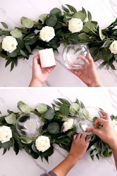 two photos of hands arranging flowers in a vase with greenery and candles on the side