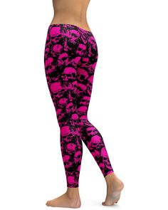 Straight from our Leggings with Skulls Collection. Introducing the Fluro Pink Skull Leggings from Gearbunch! The bright shades of fluro pink are offset by the black, creating a cool and unique look. 100% handmade, squat proof, super soft and comfy. These leggings are 100% handmade and are squat proof, so you can wear them for all your favorite activities like yoga, running, or squatting. They're also super soft and comfy, making them perfect for all-day wear. Be happy, be bright, and be yourself with Gearbunch's Fluro Pink Skull Leggings. Casual Skull Print Stretch Leggings, Casual Stretch Leggings With Skull Print, Fitted Pink Punk Bottoms, Pink Punk Style Fitted Bottoms, Fitted Pink Punk Style Bottoms, Casual Skull Print Leggings, Fitted Pink Pants For Streetwear, Skull Leggings, Pink Skull