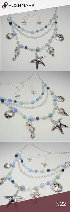 NAUTICAL AQUA & BLUE SEA LIFE NECKLACE & EARRINGS This beautiful Rhodium Nautical Starfish Seashell Aqua And Blue Beads Sea Life layered necklace and earrings set features aqua, blue and rhodium beads with the rhodium sea horse, seashells, sand dollar and starfish charms as well as aqua and blue beads and bluish pearls. The silver tone necklace is 20 inches long with a 2 inch extender to 22 inches and has a lobster claw clasp for a secure fit on your neck. The starfish pendant measures 1 1/2 inc Bohemian Blue Starfish Charm Jewelry, Bohemian Blue Jewelry With Starfish Charm, Adjustable Blue Jewelry With Starfish Charm, Ocean-inspired Beaded Jewelry, Blue Multi-strand Jewelry With Dangling Beads, Ocean-inspired Colorful Beads For Jewelry Making, Turquoise Dangle Earrings With Ocean-inspired Style, Turquoise Dangle Earrings Ocean-inspired, Ocean-inspired Turquoise Dangle Jewelry