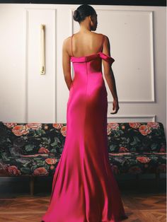 Elise | Satin Evening Dress Fuchsia Pink - Galia Lahav Pink Sleeveless Satin Dress For Gala, Pink Satin Evening Dress With Sweep Train, Fitted Pink Evening Dress With Asymmetrical Neckline, Pink Satin Gown For Gala, Pink Satin Gala Gown, Pink Asymmetrical Neckline Gown For Gala, Pink Gown With Asymmetrical Neckline For Gala, Pink Satin Dress With Asymmetrical Neckline, Pink Satin Finish Evening Dress For Gala