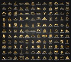 the real estate logo set is shown in gold on a black background, and it includes all