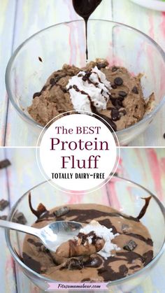 the best protein fluff recipe is in two bowls with spoons and chocolate chips