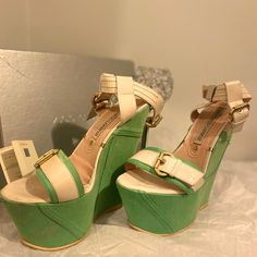 Unique And Bold Style Green Denim Ultra High Heeled Strappy Wedge Sandals From Gianmarco Lorenzi 2012. Beautiful Soft Beige Straps With Gold Hardware. New Condition, Never Worn Once. It Will Come In Its Original Box With Certificate Of Authenticity.. Party Wedge Sandals With Contrasting Heel Counter, Wedge Sandals With Contrasting Heel Counter, Wedge Sandals With Contrasting Heel Counter And Open Heel, Chic Green High Heel Wedge Sandals, Green Wedge Sandals With Heel And Ankle Strap, Chic Green Wedge Sandals With Open Heel, Chic Green Open Heel Wedge Sandals, Designer Platform Wedge Sandals With Open Heel, Designer Open Heel Platform Wedge Sandals