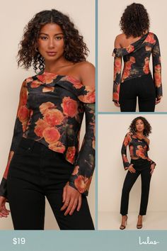 A naturally elegant babe like you was made for the Lulus Born Chic Black Floral Print Satin Off-the-Shoulder Top! Sleek woven satin, with a dreamy floral print, shapes an off-the-shoulder neckline with a chic fold-over detail, framed by long sleeves with flared cuffs. The blousy, darted bodice falls to a slightly asymmetrical hem. Hidden side zipper/clasp. Fit: This garment fits true to size. Length: Size medium measures 19.5" from shoulder to hem. Bust: Great for any cup size. Waist: Loosely Fi Spring Satin Tops With Floral Print, Spring Satin Floral Print Tops, Spring Floral Print Satin Top, Off-shoulder Floral Print Party Tops, Elegant Off-shoulder Floral Print Tops, Top Satin, Lulu Fashion, Black Floral Print, Cup Size