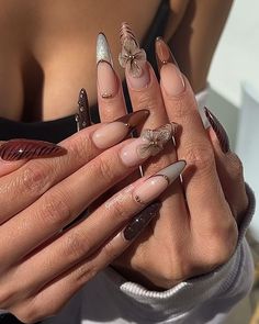 Vacation Nail Set, Ethereal Nails Acrylic Almond, Fall Nails Baddie, Brown Almond Acrylic Nails, Newjeans Nails, Almond Birthday Nails, Vogue Nails, Fashion Outfits Dresses, Nails Now