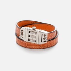 The James Banks Code Bracelet is as functional as it is cool. This bracelet features a working triple code combination lock. The code opens by turning the 3 colored stones in the dial. This an effortless and chic update to your stack. Sterling Silver Crocodile Strap Diamonds Bank Design, Combination Locks, Orange Leather, White Diamond, Diamond White, Stone Color, Leather Bracelet, Chic Style, Coding