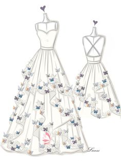 an illustration of a wedding dress with butterflies on the skirt and back, as if it were made out of paper