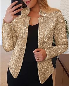 This luxurious Long Sleeve Sequin Blazer Coat is perfect for making a statement. The shimmery sequins will sparkle in any light and will draw attention to your unique style. A wardrobe must-have, this coat will be a stylish addition to any outfit. Size: S, M, L, XL;Style: ChicType: BlazerMaterial:97%Polyester,3%SpandexNeckline: Notch NeckSleeve Style: Long SleeveLength: RegularPattern Type: SequinDecoration: Allover Sequin, CutoutFit Type: RegularOccasion: Daily, WorkPackage Include:1*CoatFabric Chic Winter Coat, Sequin Coats, Winter Coat Short, Stand Collar Coat, Cardigan Blazer, Crop Pullover, Elegant Blazers, Winter Fashion Coats, Sequin Blazer