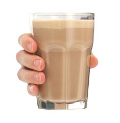 a hand holding a tall glass filled with chocolate milkshake on top of a white background