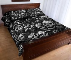 there is a bed with skulls on it