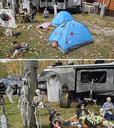 there are two pictures of halloween decorations in front of a camper and an rv