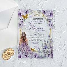 a princess themed birthday party with purple flowers and gold accents on the front, along with a white envelope