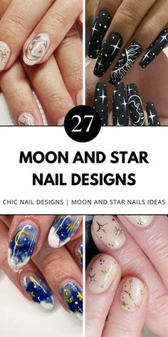 Find creative moon and star nail designs for short nails in black, blue, purple, pink, and gold. Perfect for simple and elegant looks. Save this pin to your nail art board and check out the article for more inspiration. Star Nail Designs, Chic Nail Designs, Star Nail, Star Nail Art, Moon Nails, Almond Nails Designs, Almond Nail