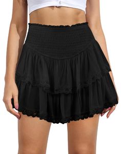 PRICES MAY VARY. 【Fabric】Womens Ruffle hem mini skirt is made of rayon fabric, soft and comfy, flowy and lightweight, skin-friendly and stretchly, makes you feeling well. 【Features】Shirred elastic high waist, stretchy smocked waistband, tiered ruffled layers, two-tiers of ruffles, flared flowy, fashion pleated hem, fully lined, inner lining, mini length, solid color, casual trendy style. This women's flowy skirt flows naturally when you walk and shows your charm. 【Occasion】The women's ruffle ski Short Flowy Skirt Outfit, Short Flowy Skirt, Flowy Skirt Outfit, Flowy Fashion, Flowy Mini Skirt, Skirts Flowy, Mini Pleated Skirt, Tiered Mini Skirt, Ruffle Mini Skirt