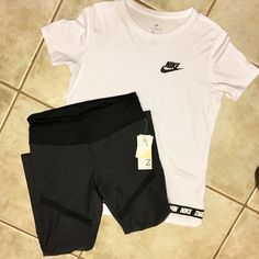 Nike Shirt Size M (Barely Worn, In Great Condition) Zella Leggings Size M (New With Tag) Nike Sporty White Sets, White Sporty Gym Sets, White Sporty Workout Sets, White Letter Print Casual Leggings, Casual White Letter Print Leggings, White Casual Letter Print Leggings, Nike Go-dry Athleisure T-shirt, Nike Athletic Heather Crew Neck T-shirt, Affordable Nike Athleisure T-shirt