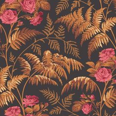 a floral wallpaper with pink flowers and green leaves on a black background in shades of brown