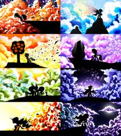 four different images of the same sky with clouds and trees in them, each showing an individual's silhouette